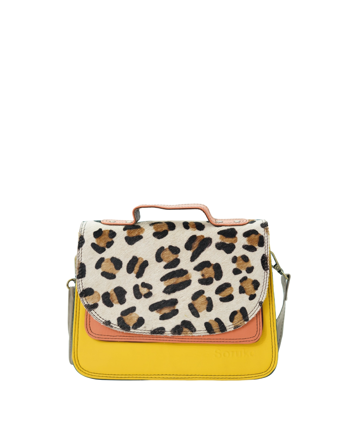 Handmade recycled leather saddle bag in Yellow tones with animal print flap, top handle and adjustable shoulder strap