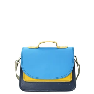 Handmade recycled leather saddle bag in Blue and Yellow tones with animal print flap