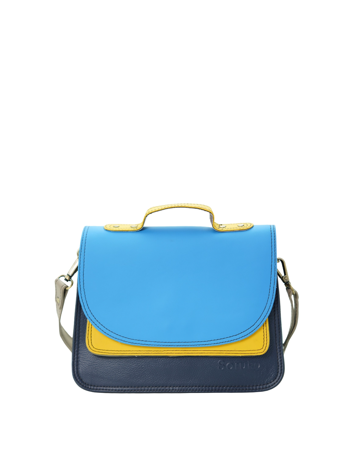 Handmade recycled leather saddle bag in Blue and Yellow tones with animal print flap