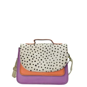 Handmade recycled leather saddle bag in Purple tones with animal print flap