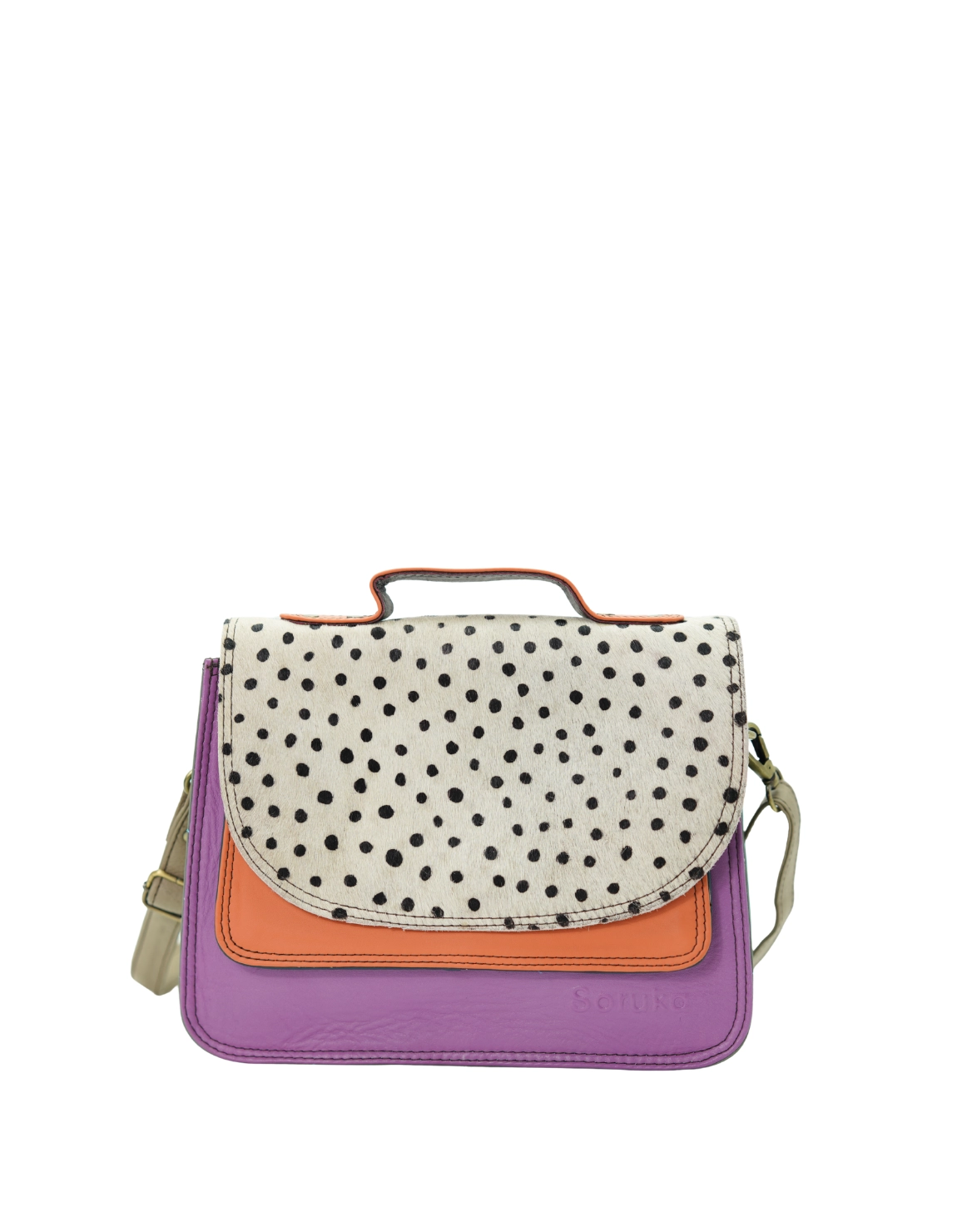 Handmade recycled leather saddle bag in Purple tones with animal print flap