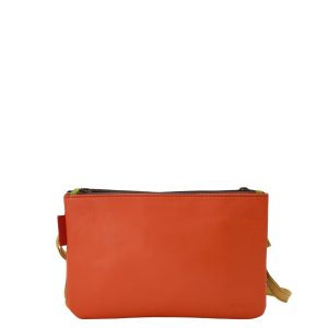 Handmade recycled leather crossbody bag in Orange and Yellow tones with reversible design