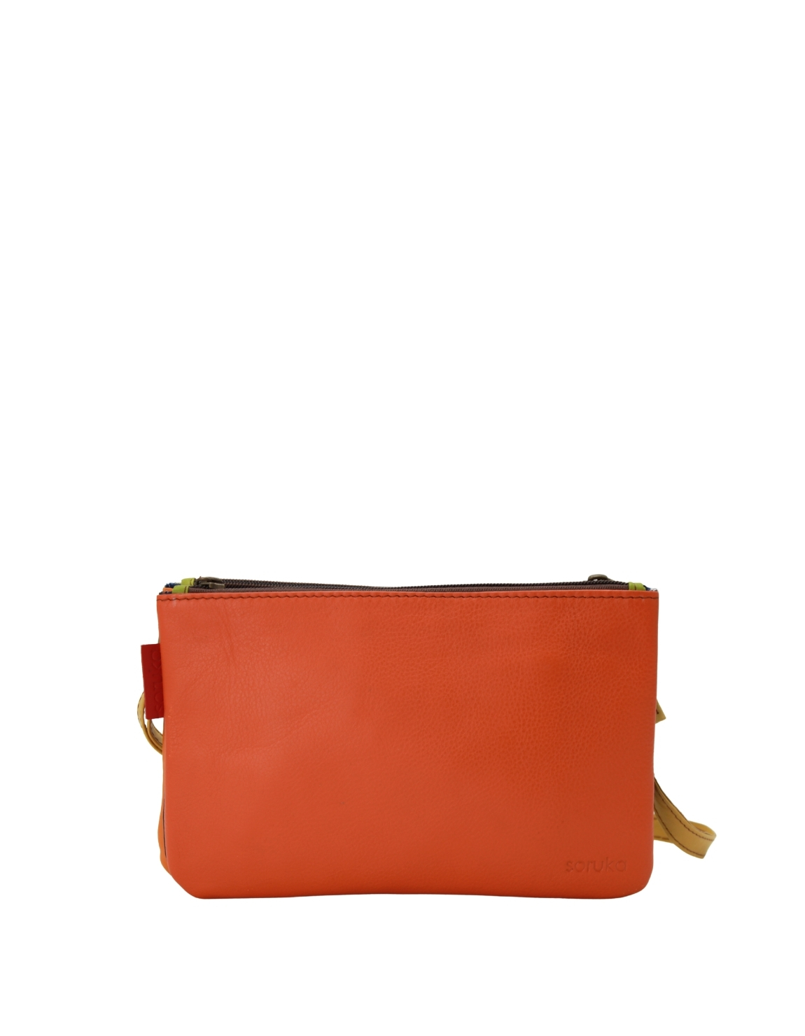 Handmade recycled leather crossbody bag in Orange and Yellow tones with reversible design
