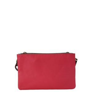 Handmade recycled leather crossbody bag in Pink and Blue tones with reversible design