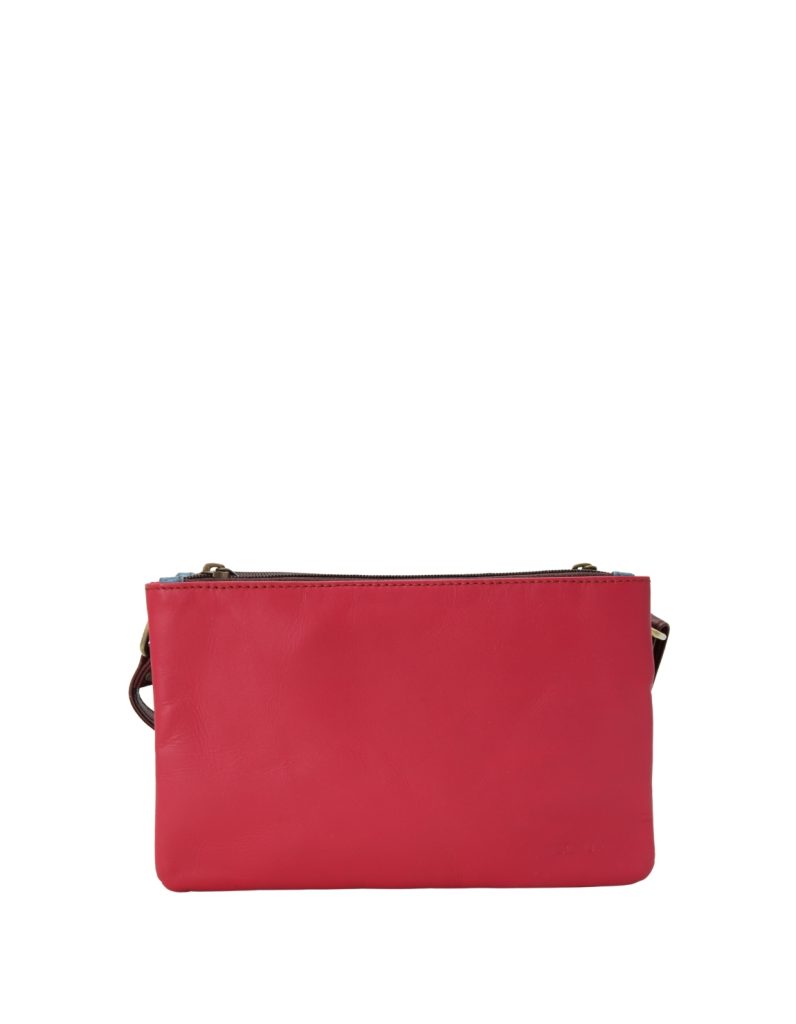 Handmade recycled leather crossbody bag in Pink and Blue tones with reversible design