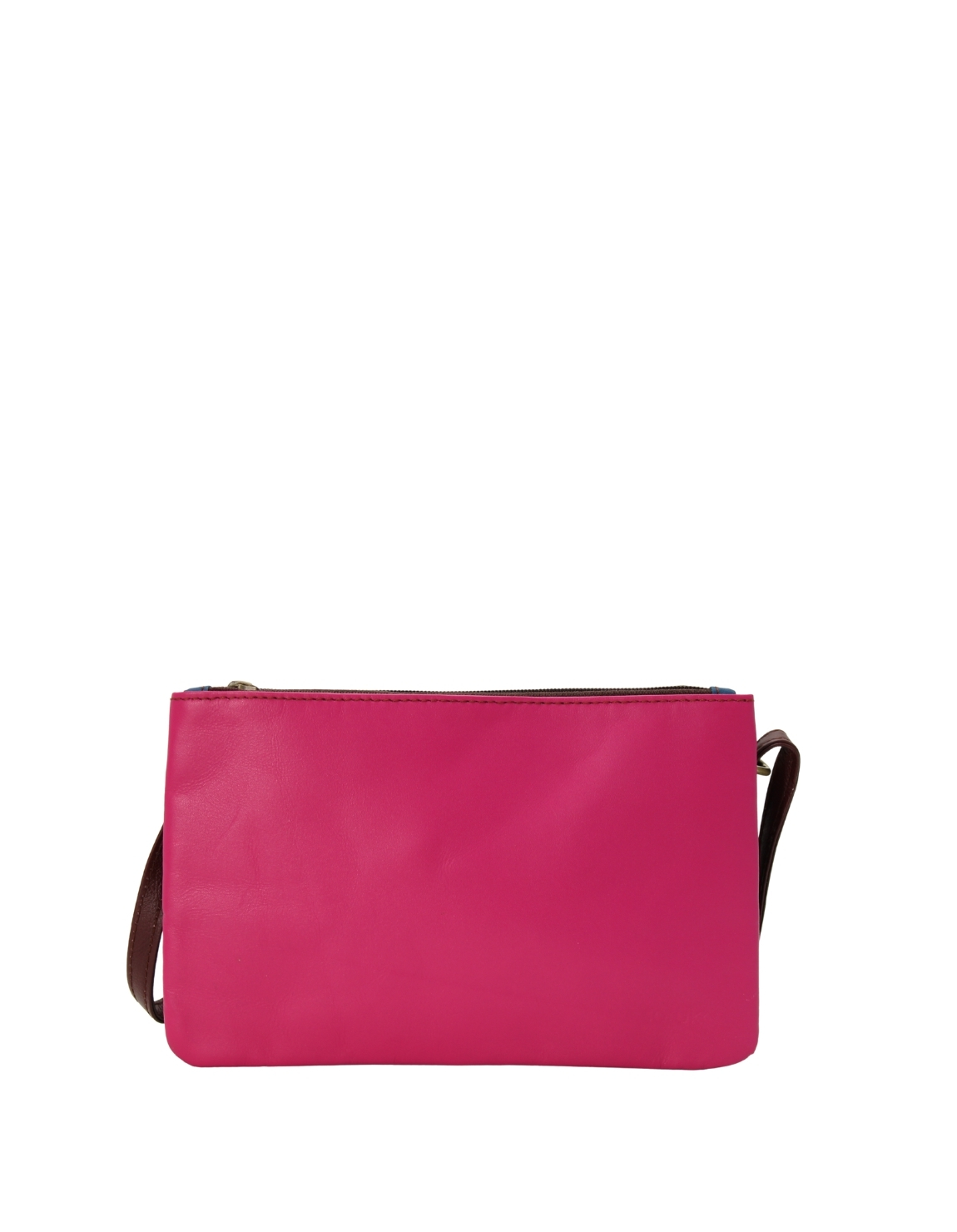 Handmade recycled leather crossbody bag in Pink and Blue tones with reversible design