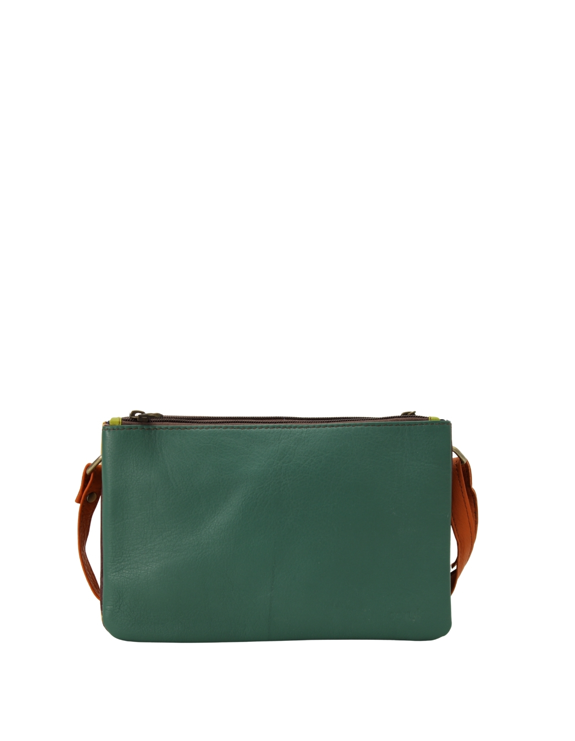 Handmade recycled leather crossbody bag in Yellow and Green tones with reversible design