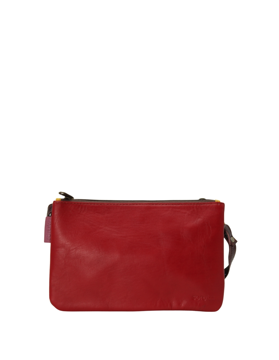 Handmade recycled leather crossbody bag in Gray and Red tones with reversible design