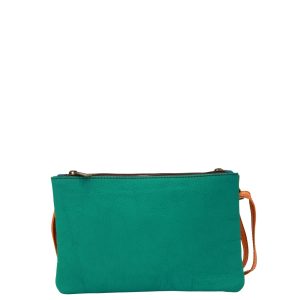 Handmade recycled leather crossbody bag in Green and Blue tones with reversible design