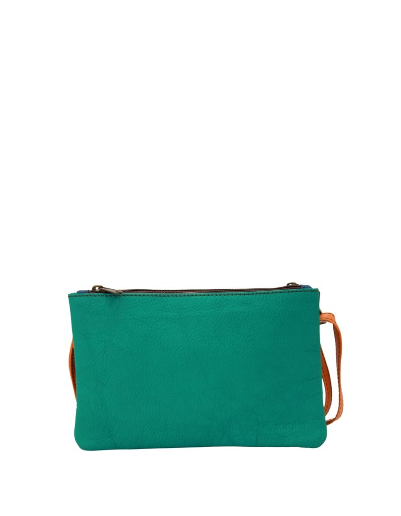 Handmade recycled leather crossbody bag in Green and Blue tones with reversible design