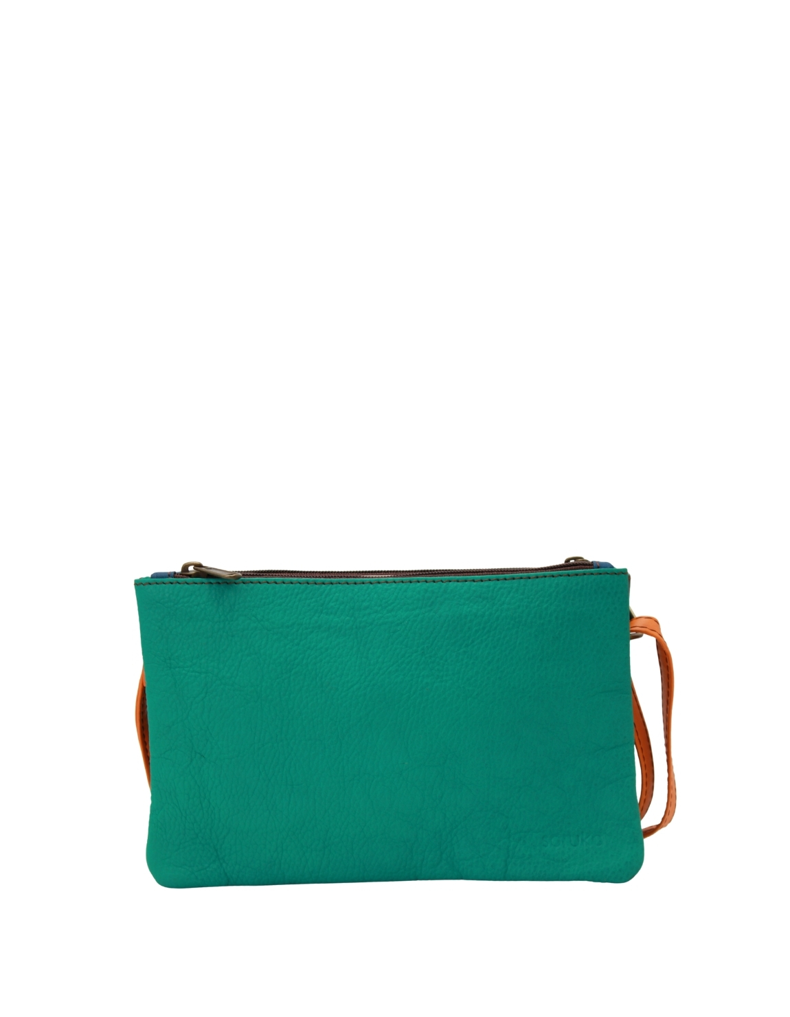 Handmade recycled leather crossbody bag in Green and Blue tones with reversible design