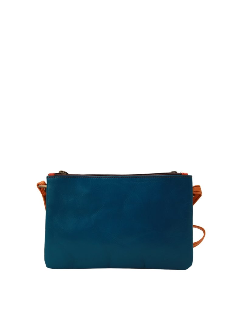 Handmade recycled leather crossbody bag in Blue and Green tones with reversible design