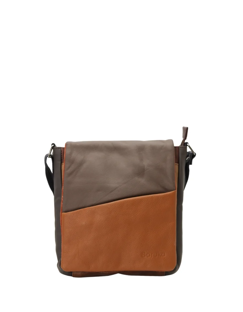 Handmade recycled leather men's crossbody bag with multiple compartments and adjustable strap