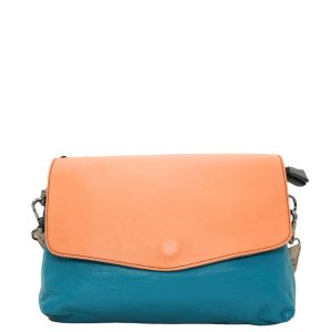 Women’s recycled leather reversible crossbody bag in Orange and Blue tones with adjustable shoulder strap