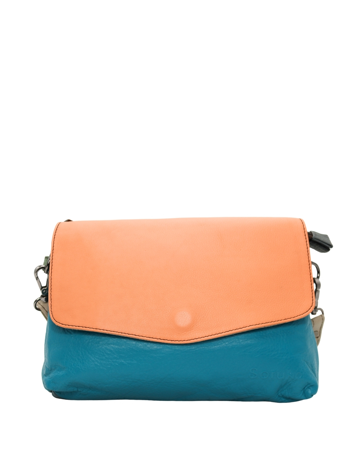 Women’s recycled leather reversible crossbody bag in Orange and Blue tones with adjustable shoulder strap