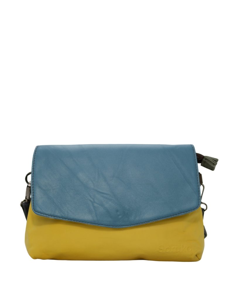 Women’s recycled leather reversible crossbody bag in Blue