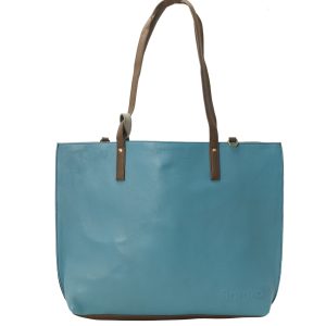 Handmade recycled leather tote bag in Blue tones with detachable pouch and adjustable shoulder strap