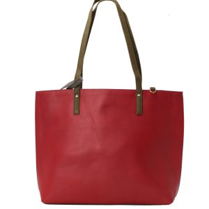 Handmade recycled leather tote bag in Dark Red and Dark Blue tones with detachable pouch and adjustable shoulder strap