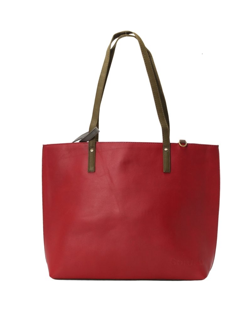 Handmade recycled leather tote bag in Dark Red and Dark Blue tones with detachable pouch and adjustable shoulder strap