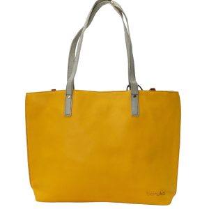 Handmade recycled leather tote bag in Yellow and Blue tones with detachable pouch and adjustable shoulder strap