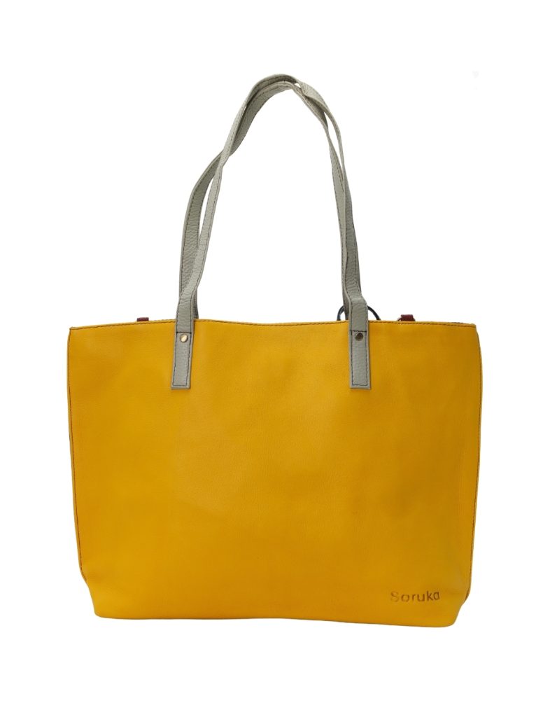 Handmade recycled leather tote bag in Yellow and Blue tones with detachable pouch and adjustable shoulder strap