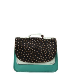 Handmade recycled leather saddle bag in turquoise tones with animal print flap