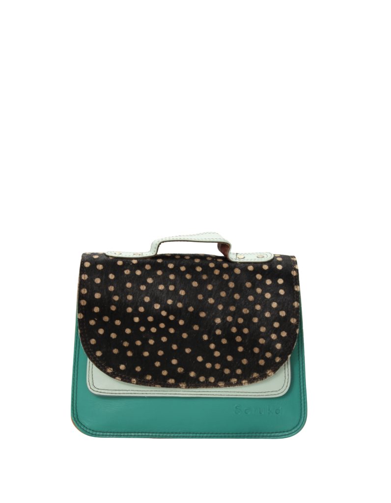 Handmade recycled leather saddle bag in turquoise tones with animal print flap