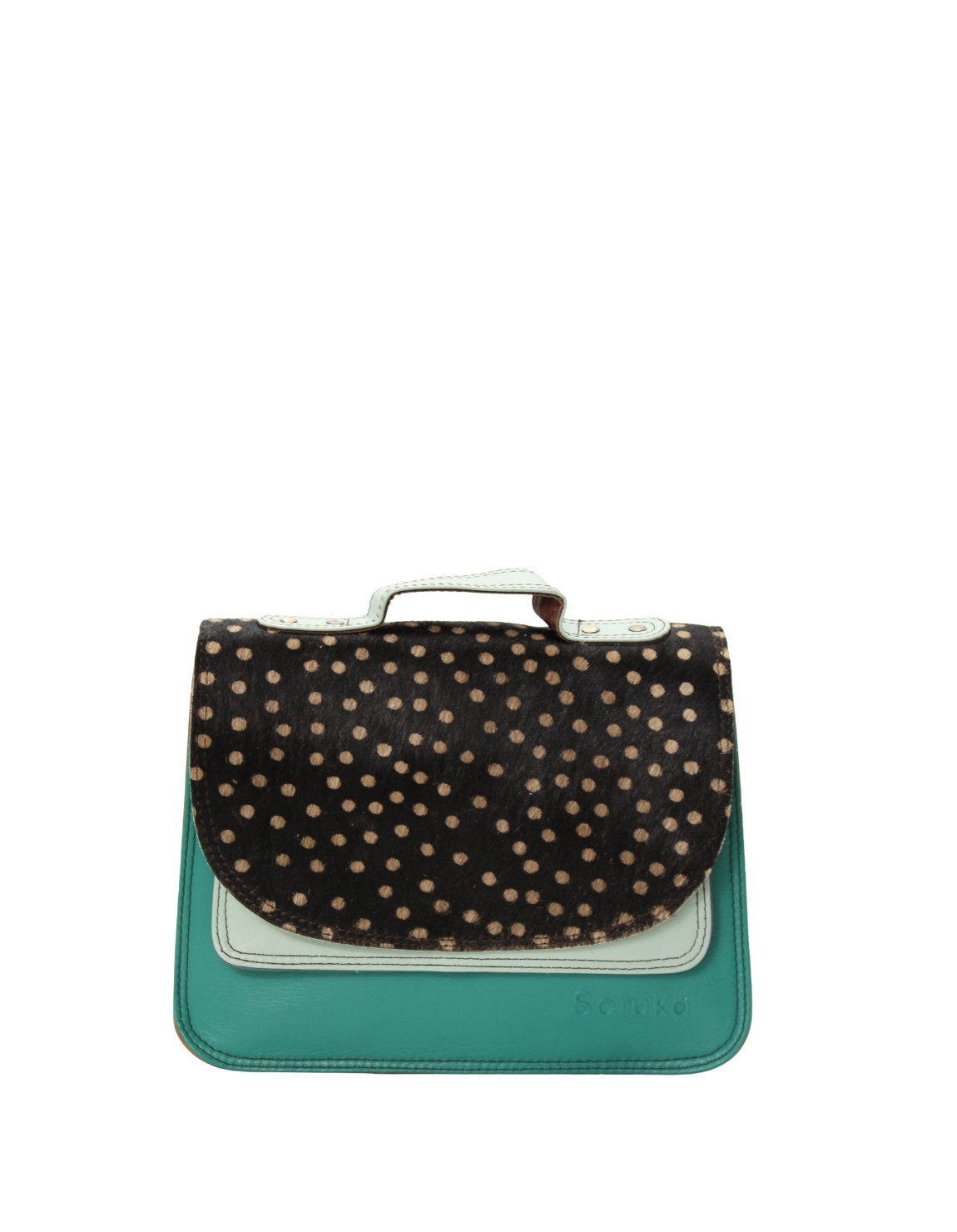 Handmade recycled leather saddle bag in turquoise tones with animal print flap