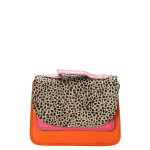 Handmade recycled leather saddle bag in Pink and Orange tones with animal print flap
