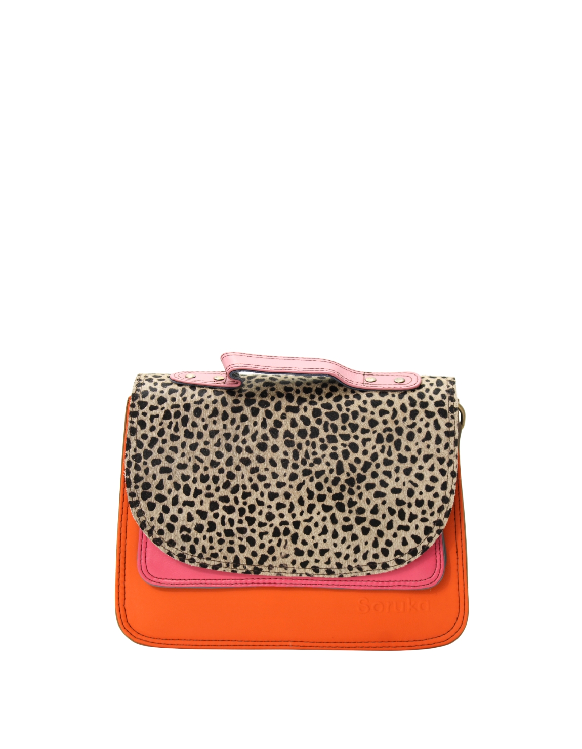Handmade recycled leather saddle bag in Pink and Orange tones with animal print flap