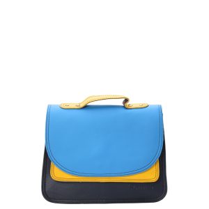 Handmade recycled leather saddle bag in Blue and Yellow tones with animal print flap