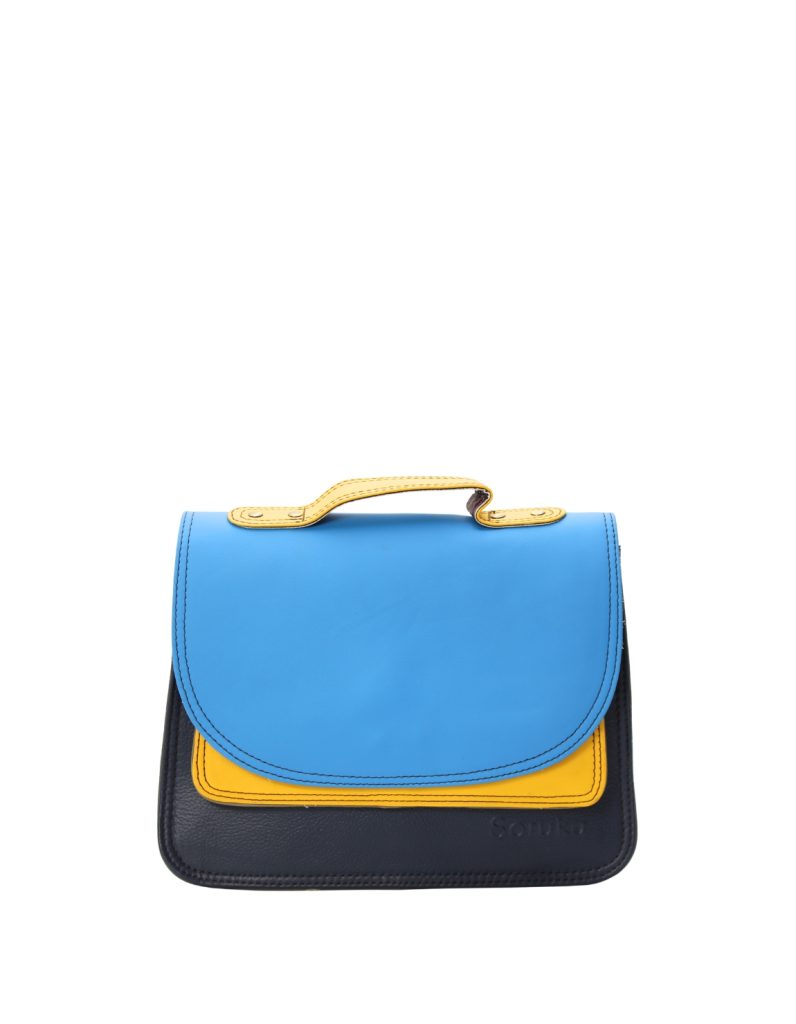 Handmade recycled leather saddle bag in Blue and Yellow tones with animal print flap