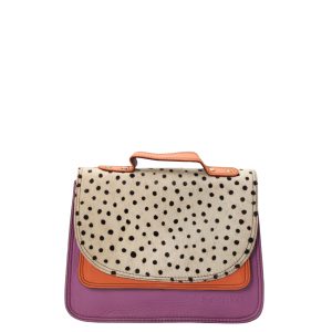 Handmade recycled leather saddle bag in Orange and Purple tones with animal print flap