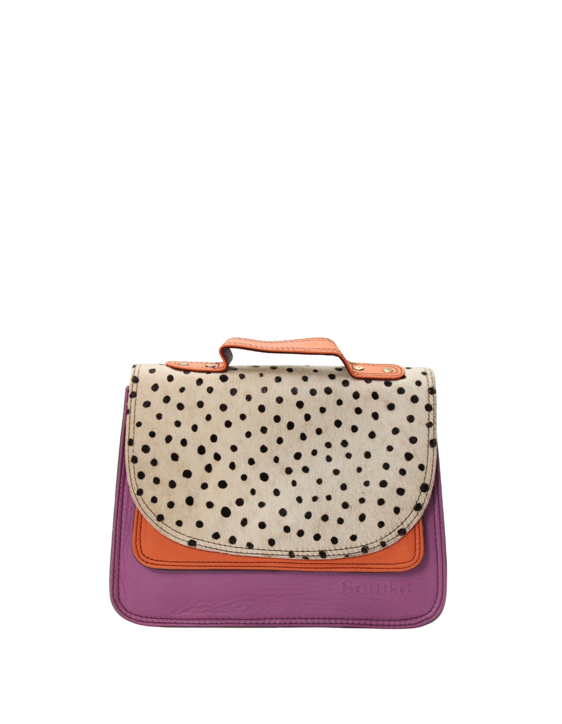 Handmade recycled leather saddle bag in Orange and Purple tones with animal print flap