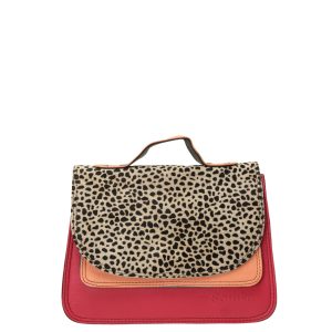 Handmade recycled leather saddle bag in pink tones with animal print flap