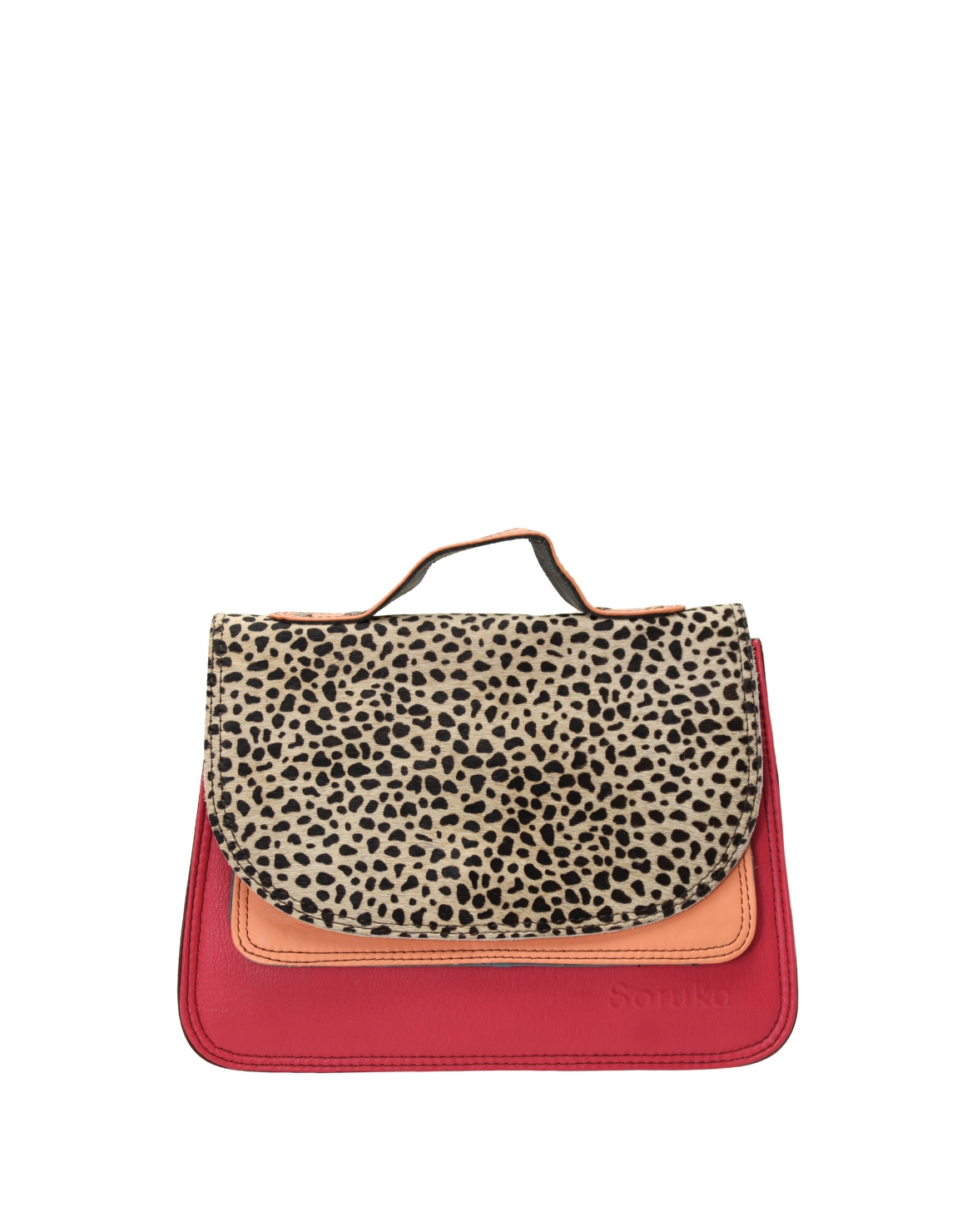 Handmade recycled leather saddle bag in pink tones with animal print flap