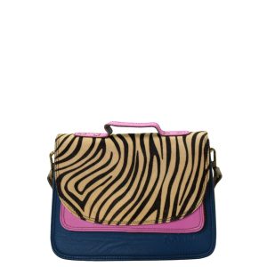 Handmade recycled leather saddle bag in Blue tones with animal print flap