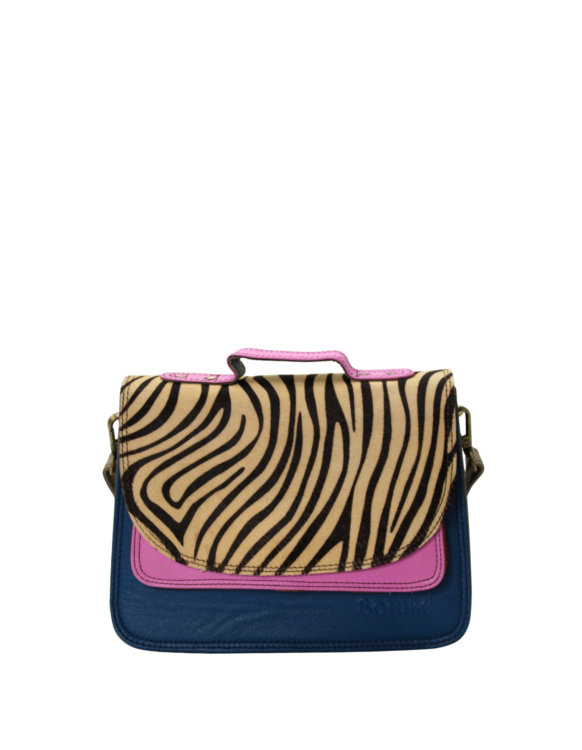 Handmade recycled leather saddle bag in Blue tones with animal print flap