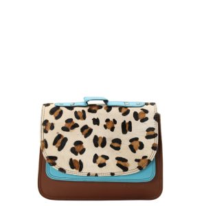 Handmade recycled leather saddle bag in Brown and Blue tones with animal print flap