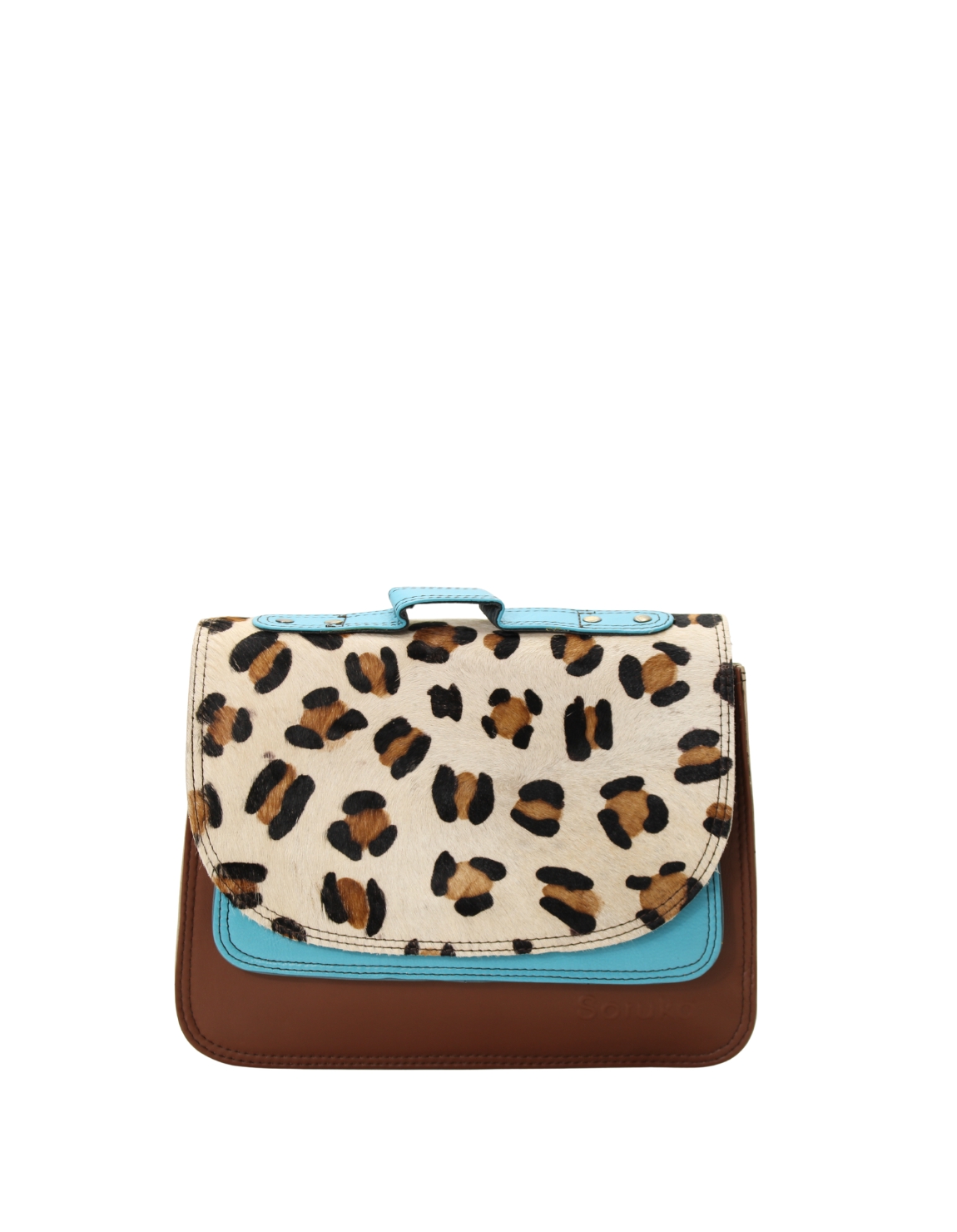 Handmade recycled leather saddle bag in Brown and Blue tones with animal print flap