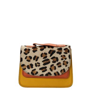 Handmade recycled leather saddle bag in Yellow tones with animal print flap