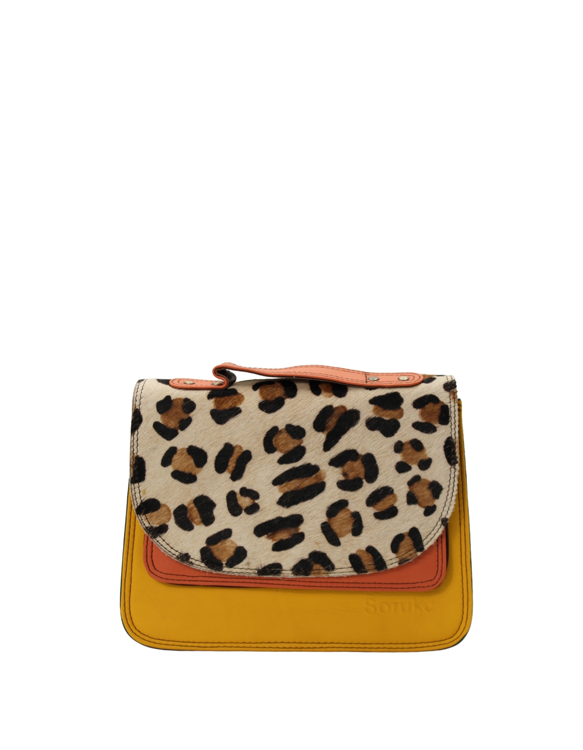 Handmade recycled leather saddle bag in Yellow tones with animal print flap
