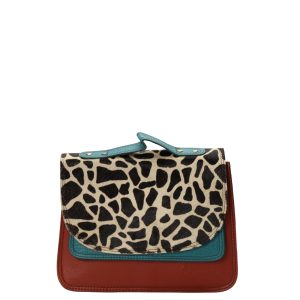 Handmade recycled leather saddle bag in Red and Blue tones with animal print flap