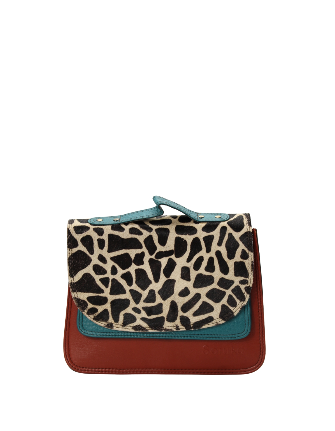 Handmade recycled leather saddle bag in Red and Blue tones with animal print flap