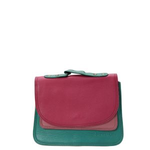 Handmade recycled leather saddle bag in Blue and Pink tones with animal print flap