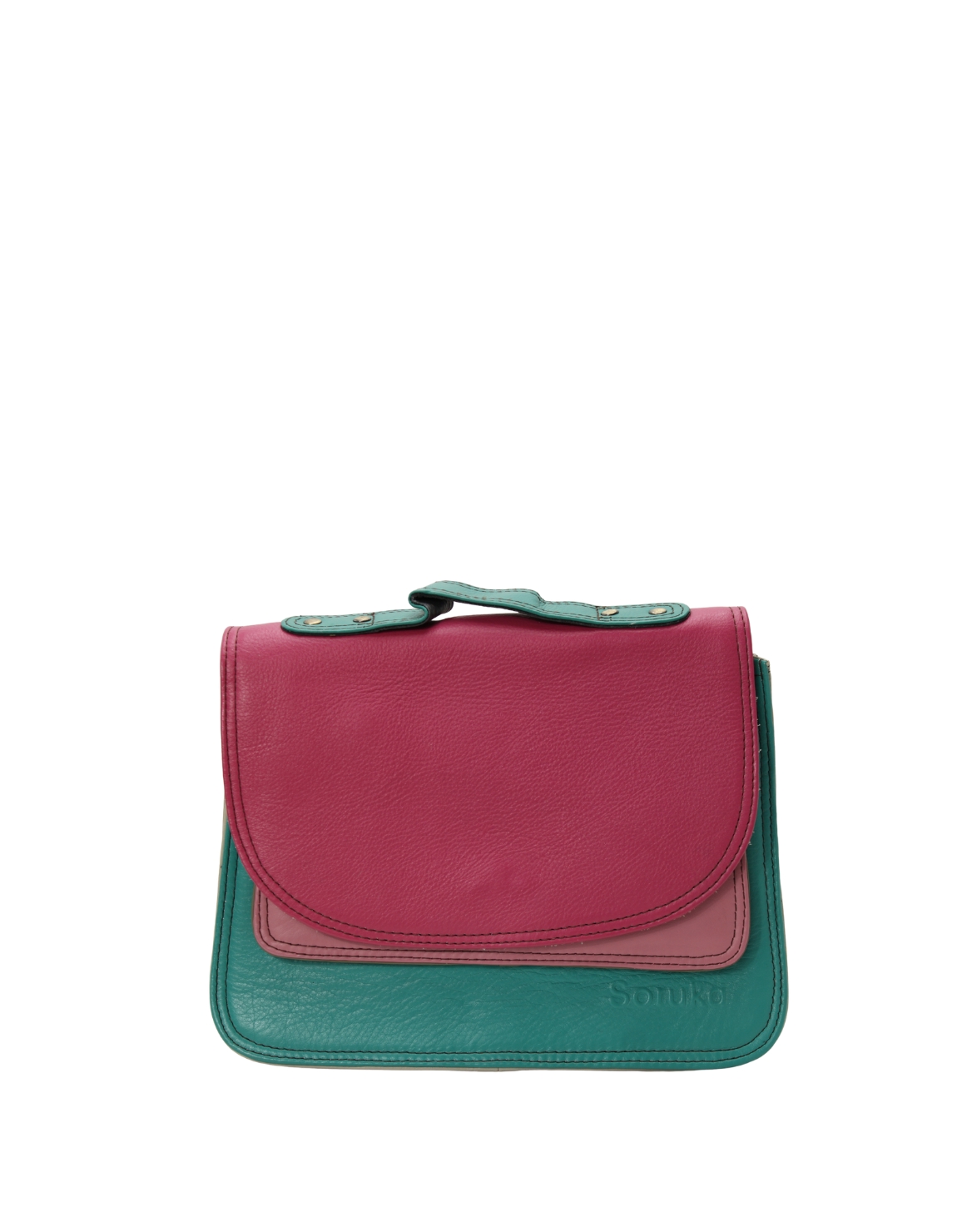 Handmade recycled leather saddle bag in Blue and Pink tones with animal print flap