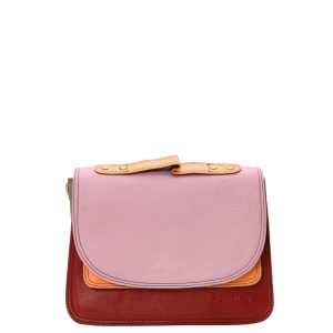 Handmade recycled leather saddle bag in Red and Pink tones with animal print flap