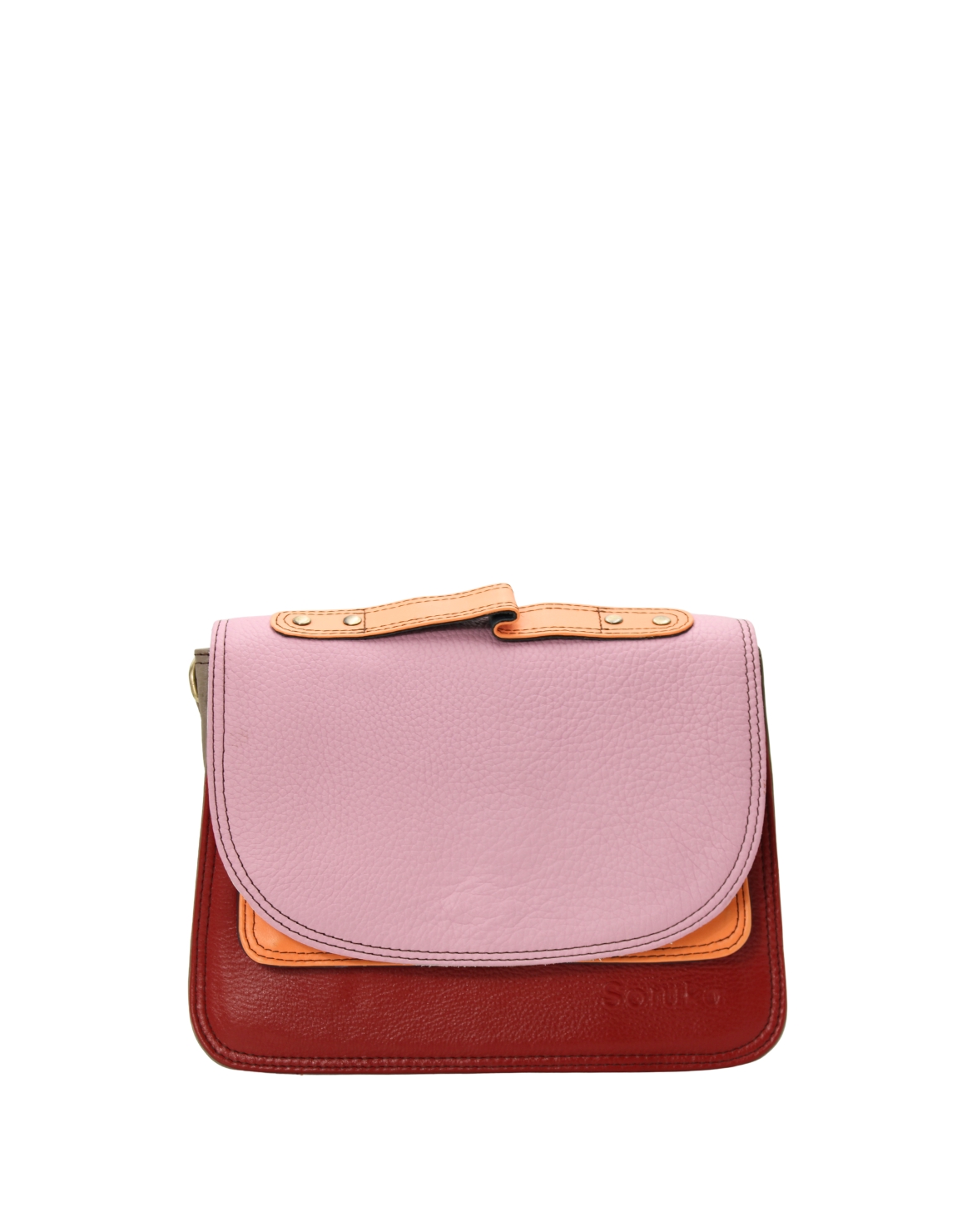 Handmade recycled leather saddle bag in Red and Pink tones with animal print flap