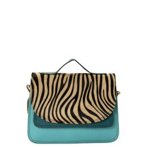 Handmade recycled leather saddle bag in Blue tones with animal print flap