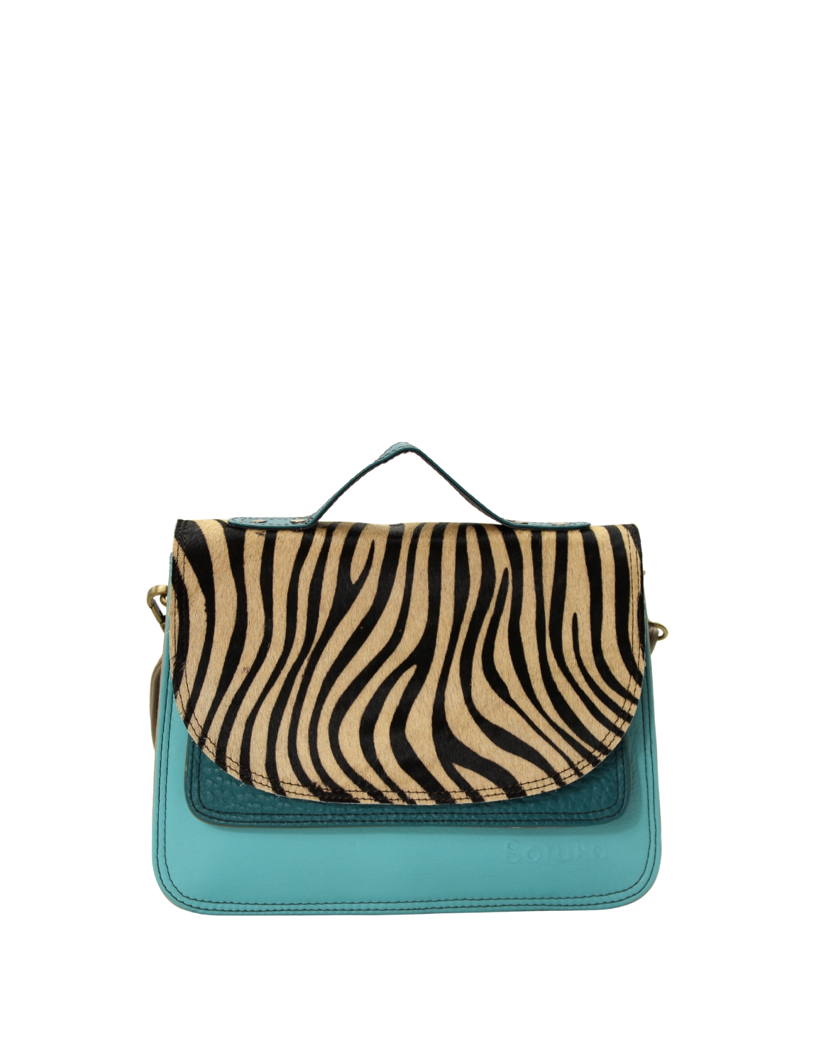 Handmade recycled leather saddle bag in Blue tones with animal print flap